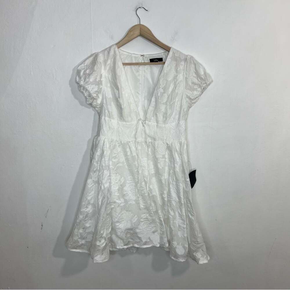 NWT Lulus Admirable Spirit White Floral Jacquard Puff Sleeve Mini Dress Size XL